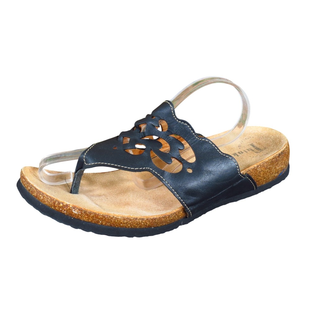 Think! Julia Women Thong Sandals Size 40 Comfort Walking Black Leather Cork